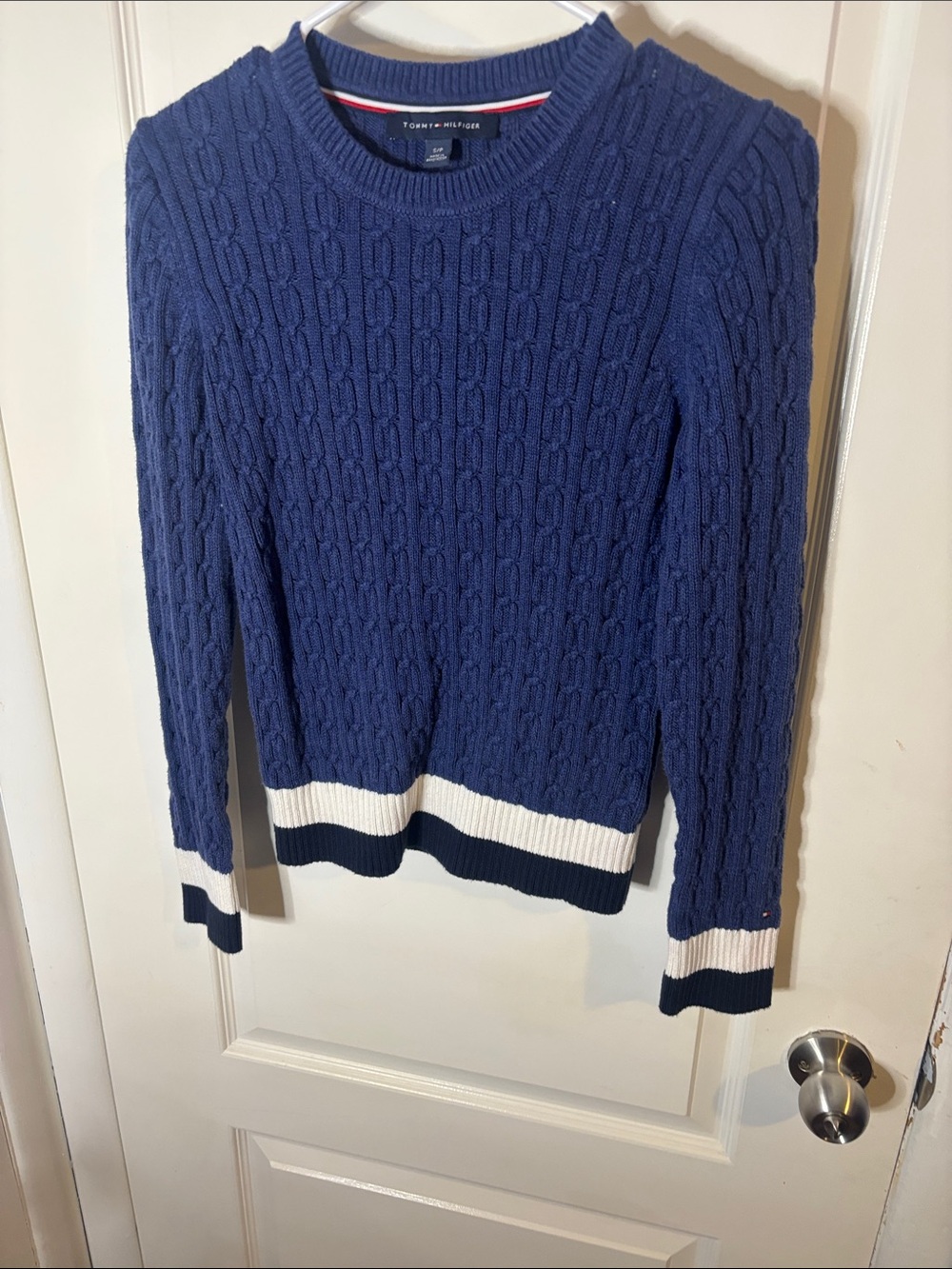 Tommy Hilfiger Navy Cable-Knit Crew Sweater with White Trim